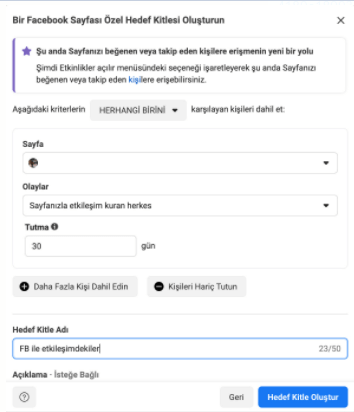 facebook sayfası özel hedef kitle oluşturma